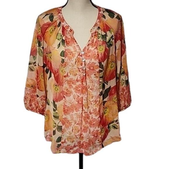 Womens Sheer Floral 3/4 Sleeve Top Sz S Oversized Boho Bloomcore Spring Peasant - Picture 1 of 8